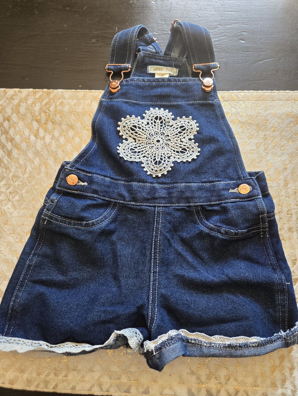 Denim Lace Appliqué Women's Short Overalls - Dark Blue